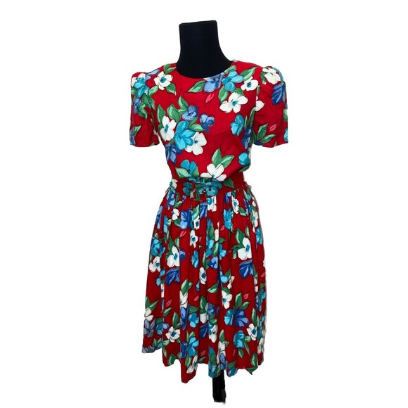 CGJ Vintage 80s Blue Floral Midi Button Dress Size 7 - Picture 1 of 16